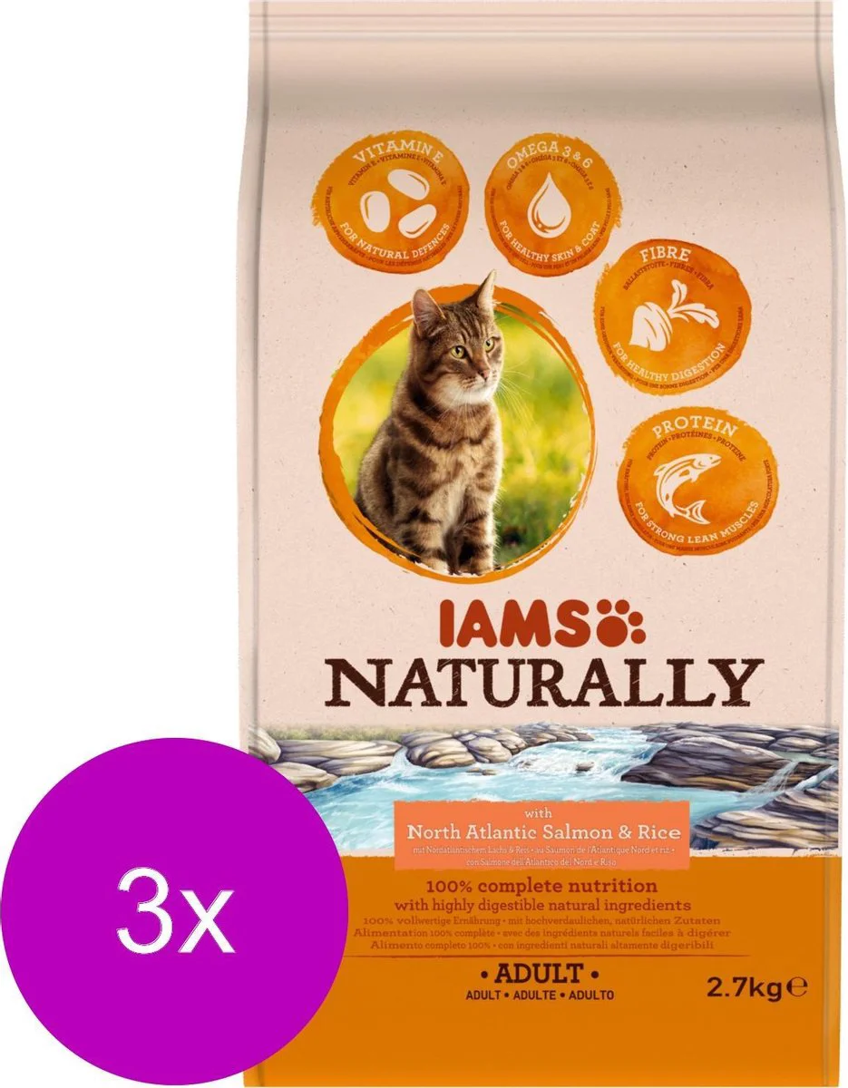 3x IAMS Naturally Kat Adult North Atlantic Zalm & Rijst 2,7 kg