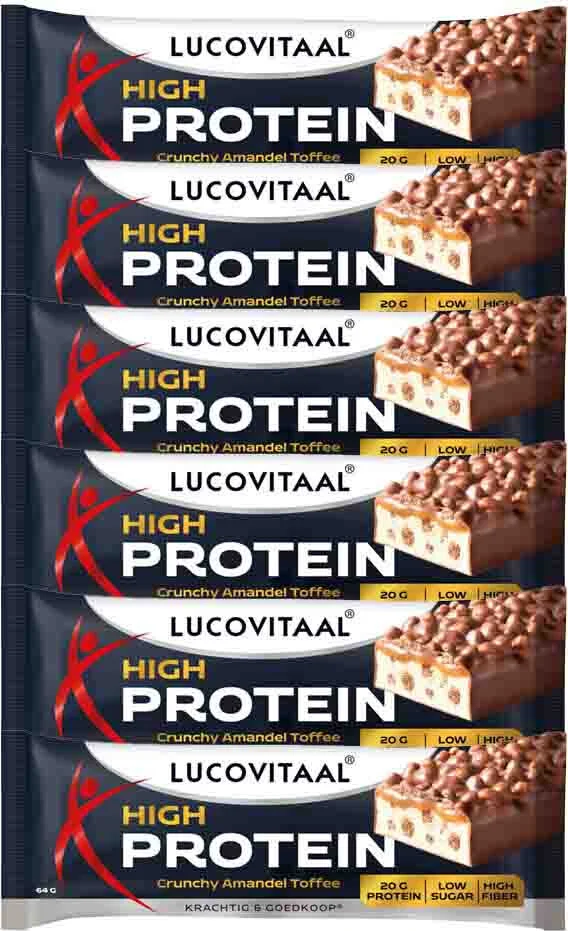 6x Lucovitaal Protein High Reep Crunchy Amandel Toffee 64 gr