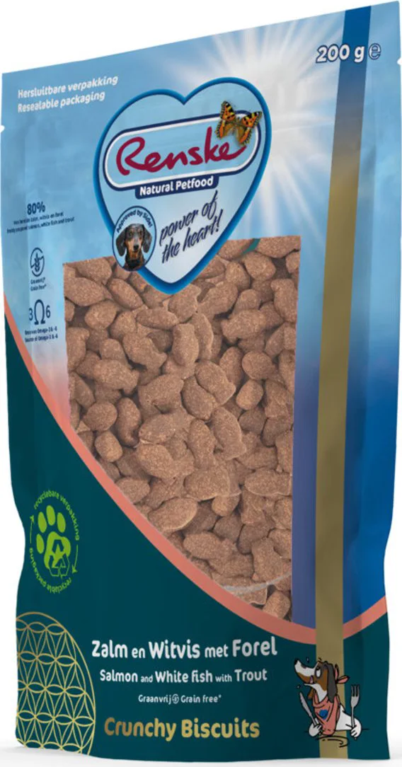 6x Renske Gezonde Beloning Crunchy Hondensnack Zalm & Witvis & Forel 200 gr