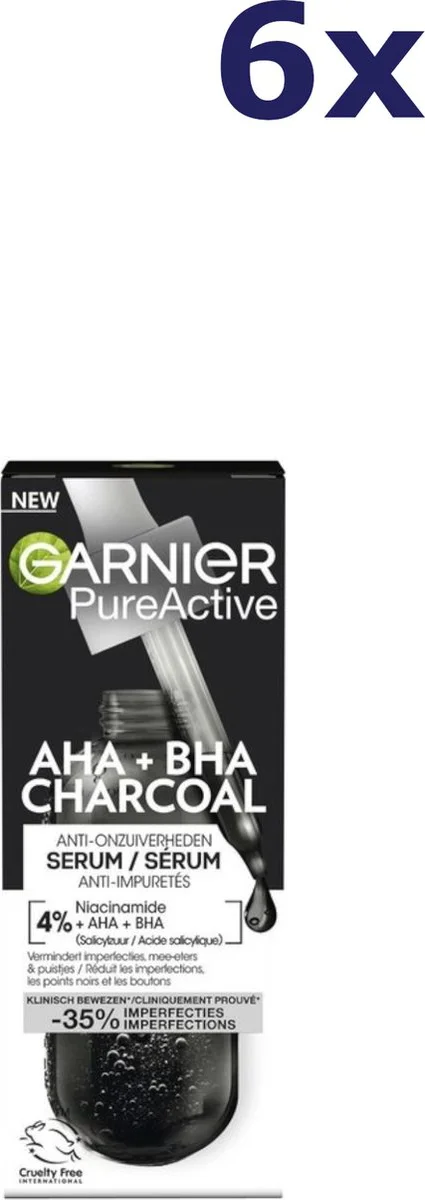 6x Garnier SkinActive Pure Active Charcoal Anti-Onzuiverheden Serum 30 ml