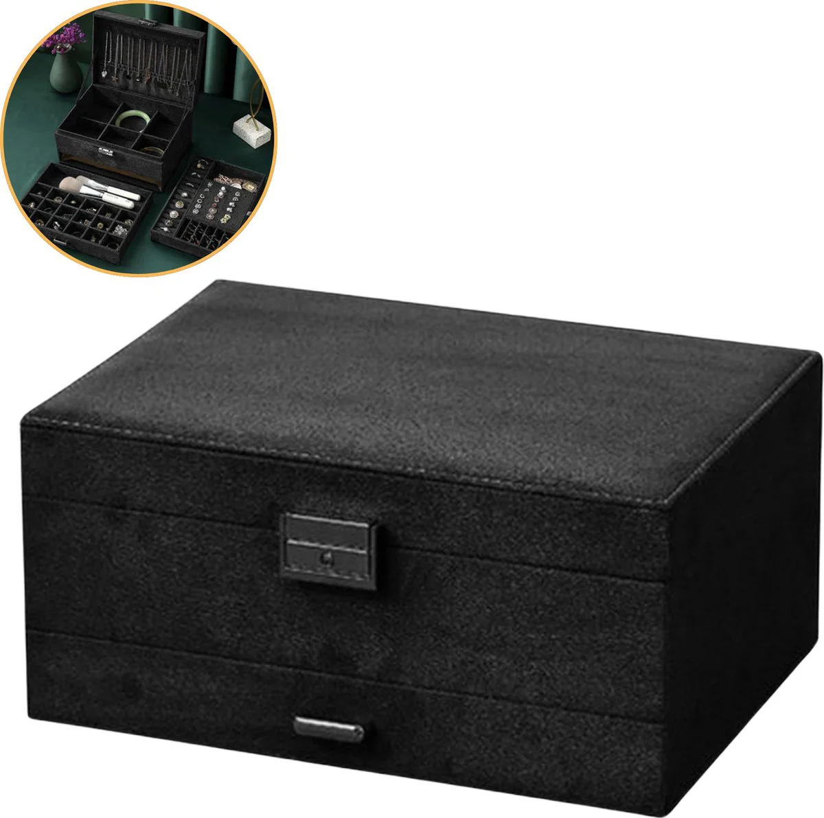 Bobbel Home - Luxe sieradendoos - Velvet - Zwart- Rechthoek - 18 Vakken - 11x24.5x18 cm