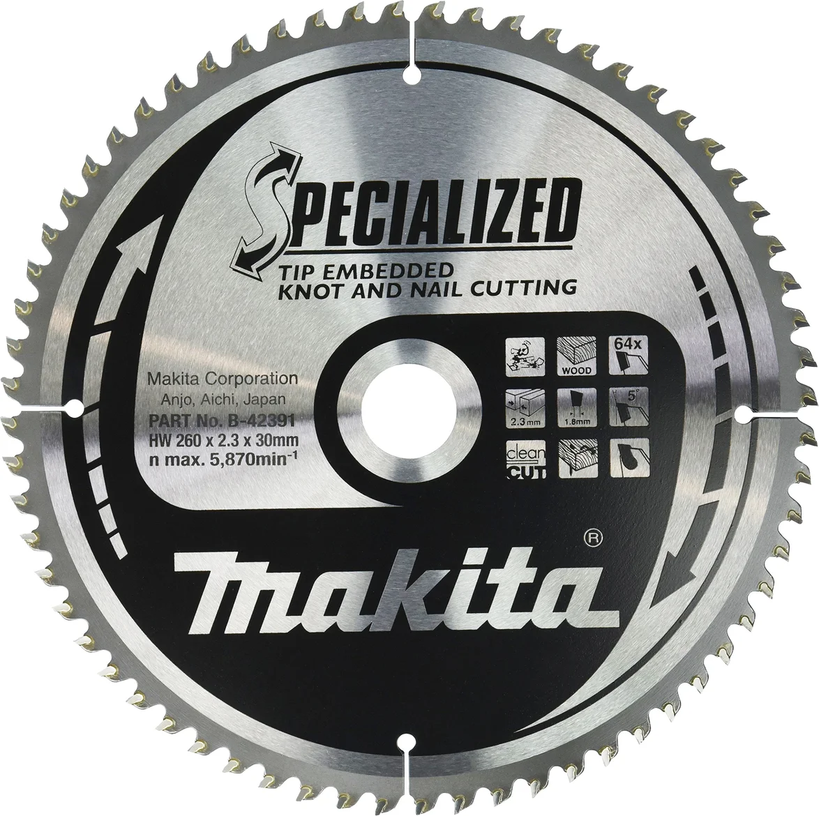Makita B-42391 Afkortzaagblad Hout (noest/spijker) | Embedded Tip | 260 x 30 mm | 64-tands