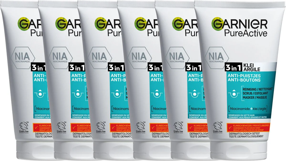 6x Garnier PureActive 3-in-1 Gezichtsreiniging met Klei Argile & Niacinamide 150 ml