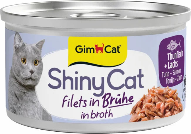 GimCat Kattenvoer Nat ShinyCat Filets in Bouillon Tonijn & Zalm 70 gr