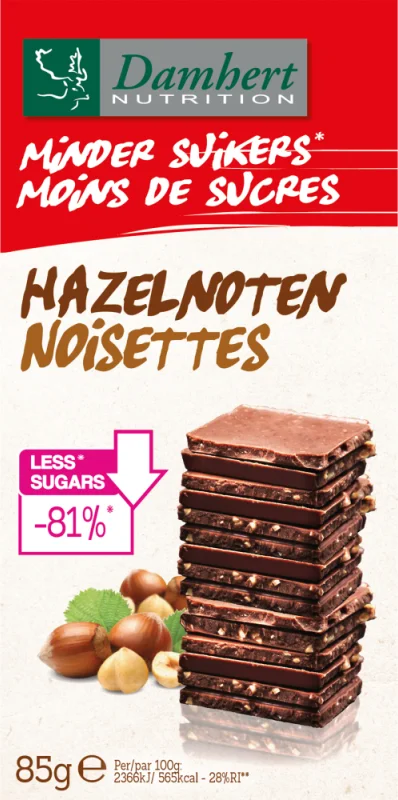 Damhert Minder Suikers Chocoladetablet Hazelnoten 85GR