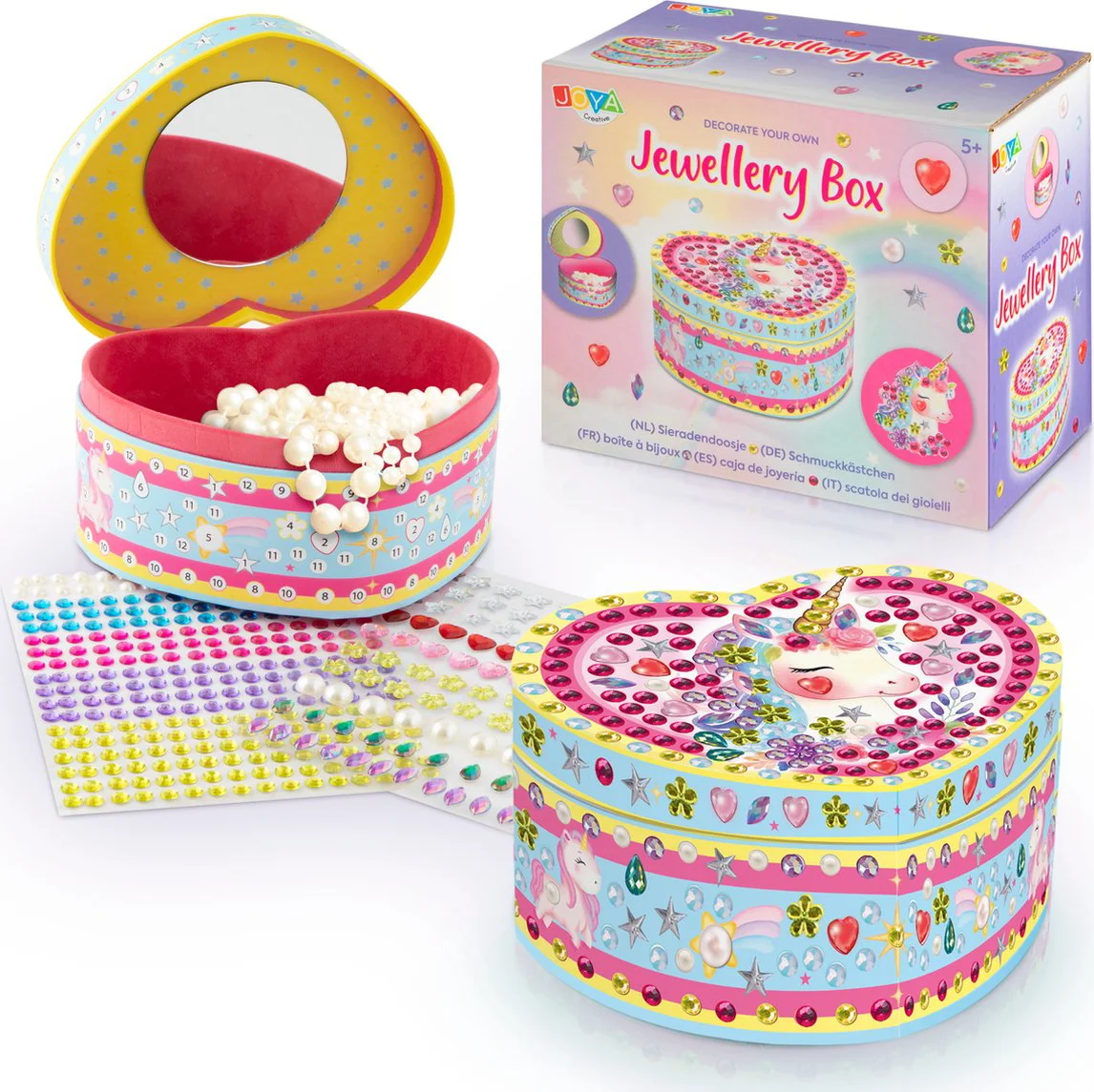 Joya Creative Eenhoorn Sieradenkistje 15 x 13 x 7,5 cm – Hartvormig Sieradendoosje voor Kinderen om Zelf te Versieren – Met Spiegel en Zachte Binnenvoering – Inclusief Glitterstickers – Multicolor