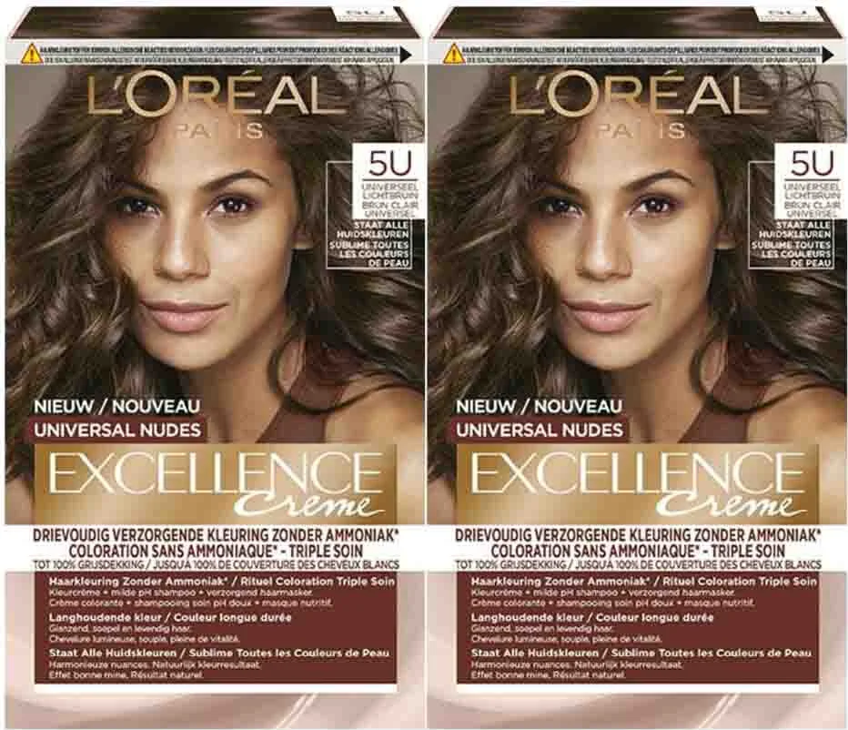 2x L'Oréal Excellence Crème Universal Nudes Permanente Haarkleuring 5U Universeel Lichtbruin