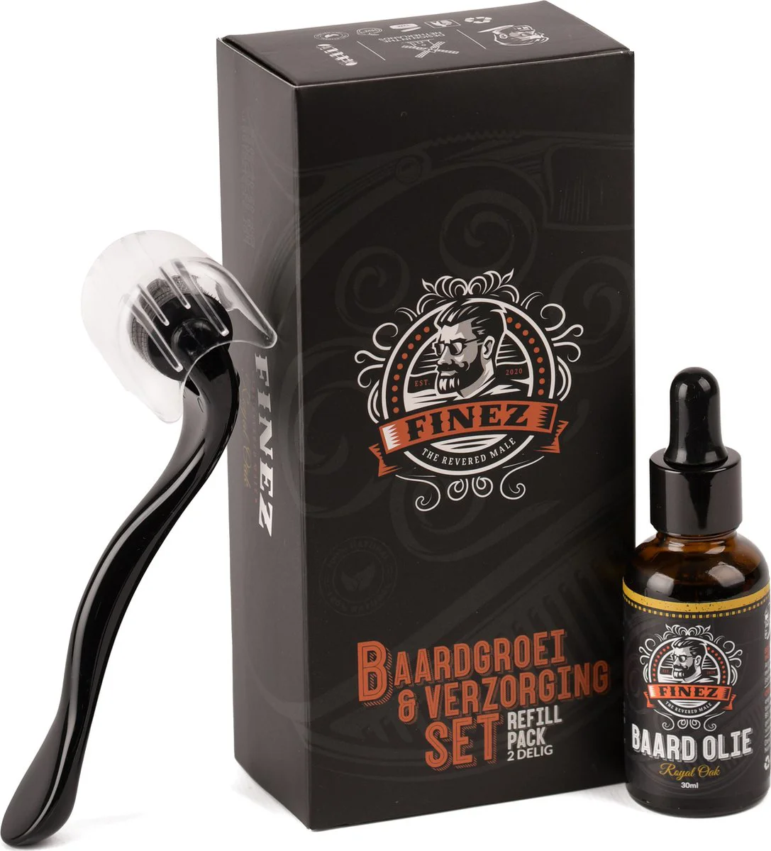 Finez Baardgroei Kit navulverpakking – Baardolie met Baardroller – Baardverzorging set 2 delig - Baardgroei