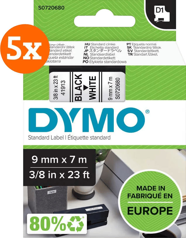 DYMO D1 9mm x 7m Zwart Wit Labels 5-pack