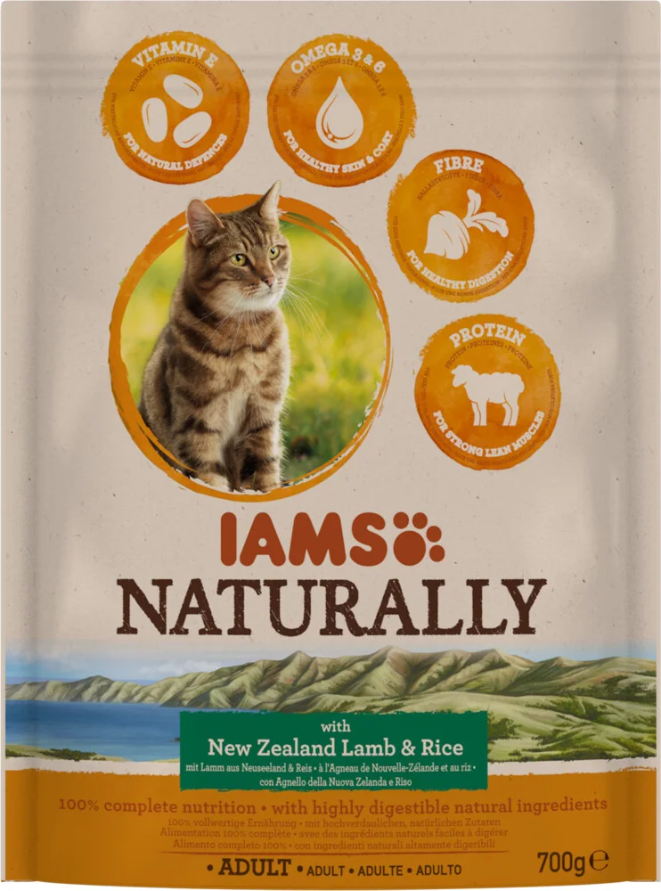 5x IAMS Naturally Kat Adult New Sealand Lam & Rijst 700 gr