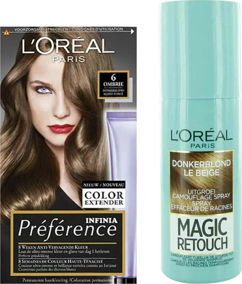 L'Oréal Preference Haarkleuring 06 Ombrie - Donkerblond + Magic Retouch Uitgroeispray Donkerblond 75 ml Pakket