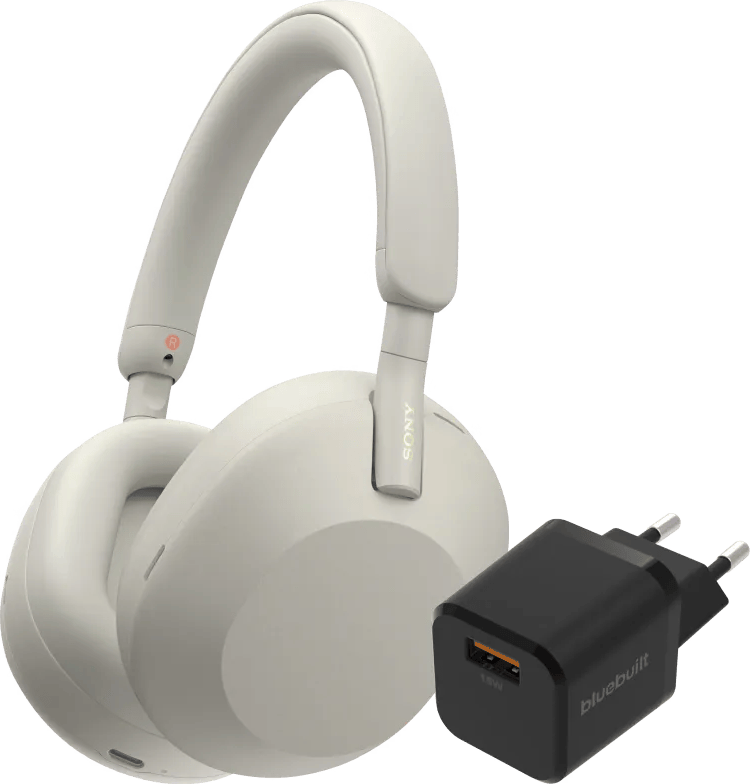Sony WH-1000XM5 Zilver + BlueBuilt Quick Charge Oplader met Usb A Poort 18W Zwart