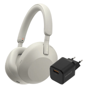 Sony WH-1000XM5 Zilver + BlueBuilt Quick Charge Oplader met Usb A Poort 18W Zwart