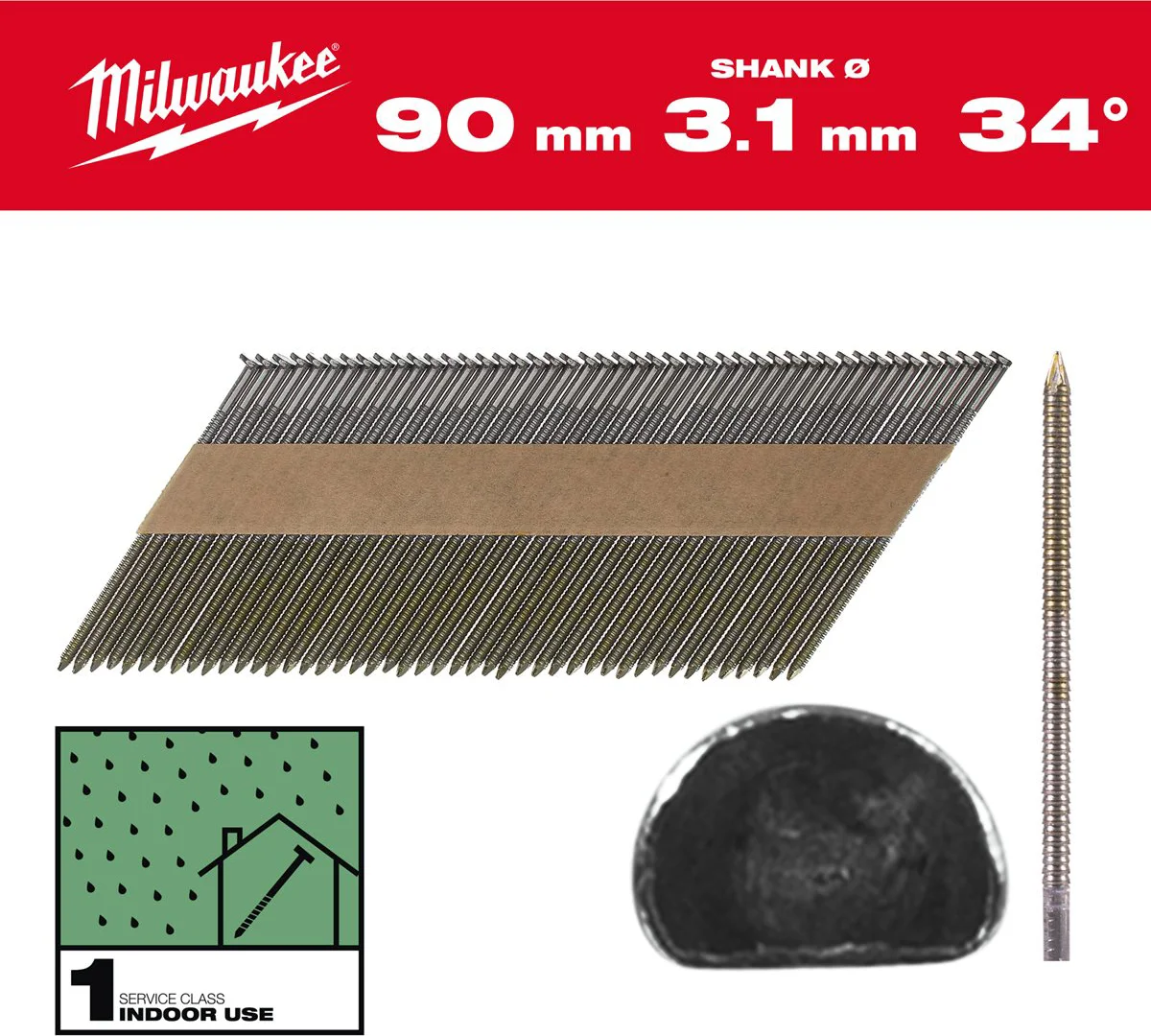 Milwaukee Nagels D-kop 34° 90mm | Ring Schacht | Blank | VE=2200 - 4932492604