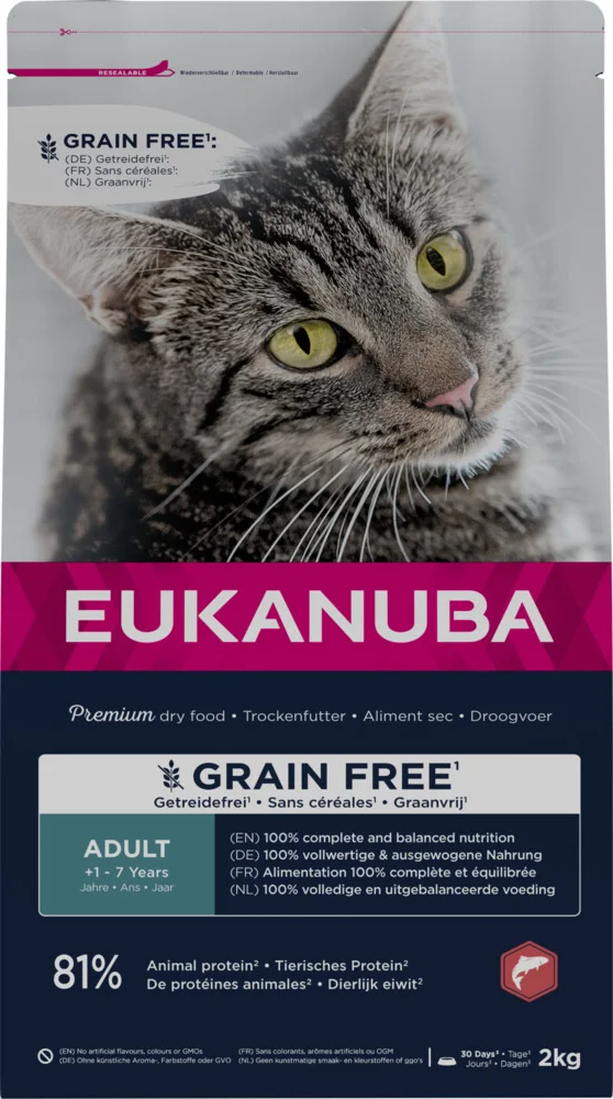 4x Eukanuba Kattenvoer Droog Adult Graanvrij Zalm 2 kg