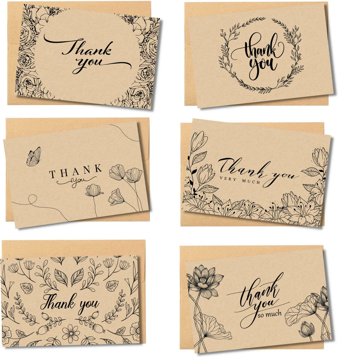 Partizzle 36x Kraft Bedankt Kaartjes Set - Thank You Cards - Wenskaarten - Ansichtkaarten - Kaarten met Enveloppen - 15x10 cm