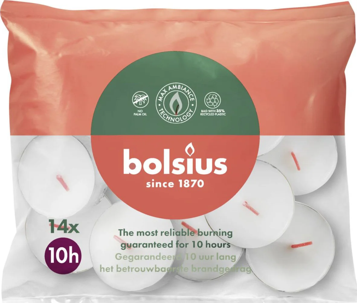 Bolsius Theelichten Wit 10 branduren 14 stuks