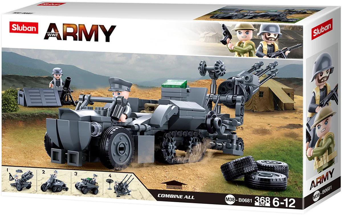 Sluban Army WWII Leger Voertuigenset 4in1 bouwspeelgoed – Constructiespeelgoed bouwset met 368 bouwstenen – M38‑B0681 – vanaf 6 jaar
