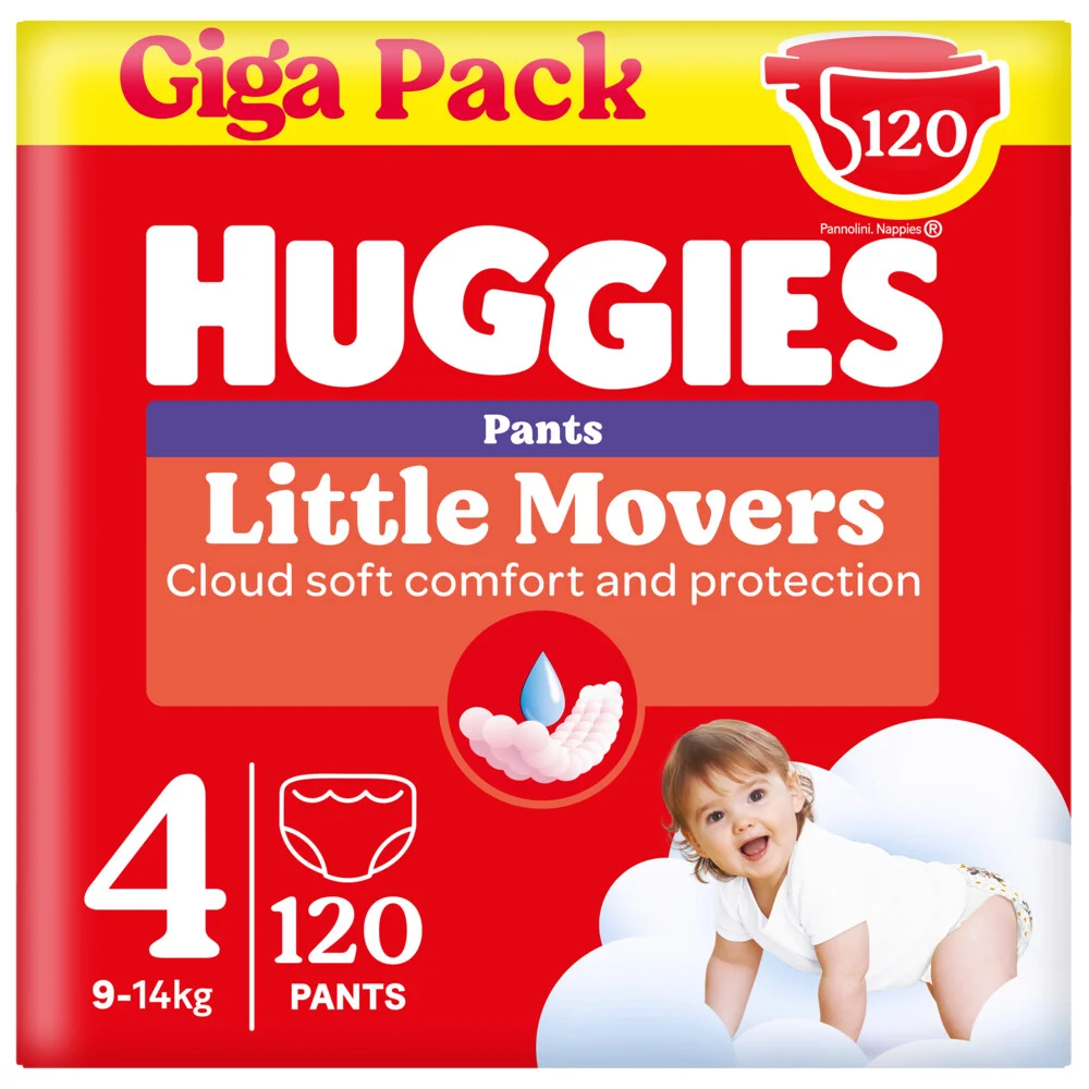 Huggies® Little Movers baby luierbroekjes, Maat 4 (9 tot 14 kg), 120 luierbroekjes met Disney© designs, Giga pack