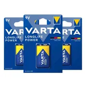3x Varta Longlife Power Alkaline Batterijen 9V 565 mAh