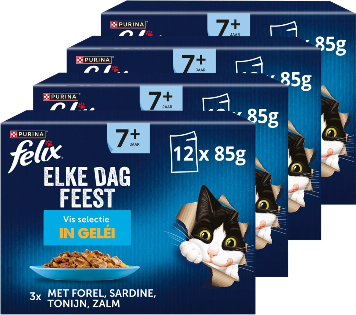 Felix Elke Dag Feest 7+ Senior Vis Selectie - Kattenvoer Natvoer - Tonijn Zalm Sardines & Forel - 48 x 85 g