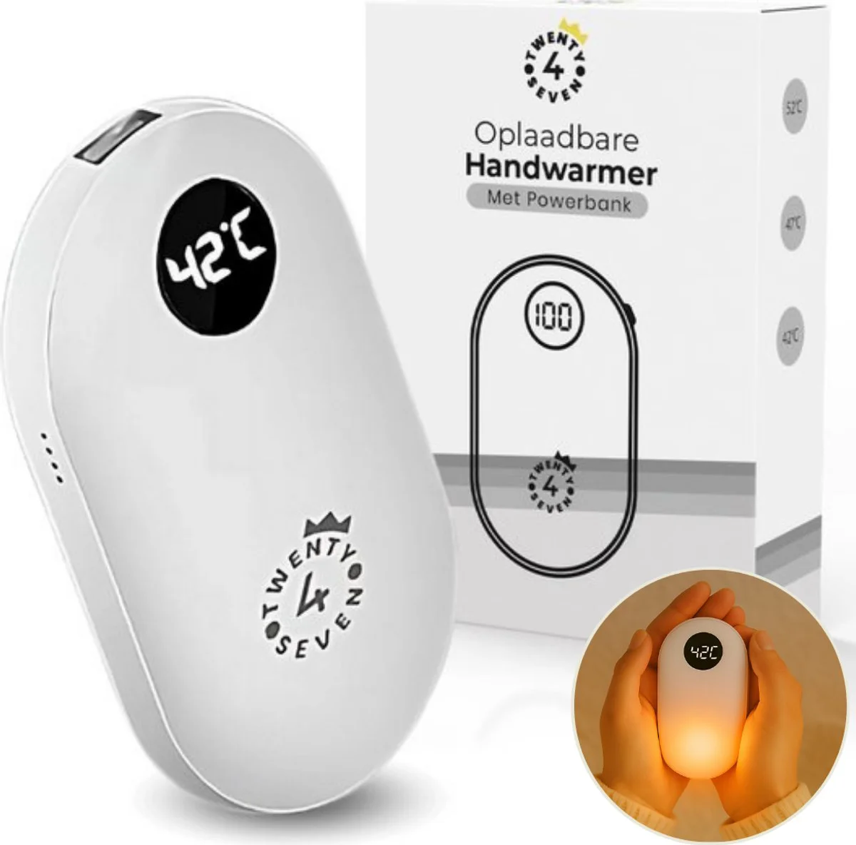 Twenty4seven® Elektrische Handwarmer Wit - 2 in 1 Handverwarmer & Powerbank - Oplaadbare Handwarmers Herbruikbaar - 2 tot 4 Uur Warmte - USB
