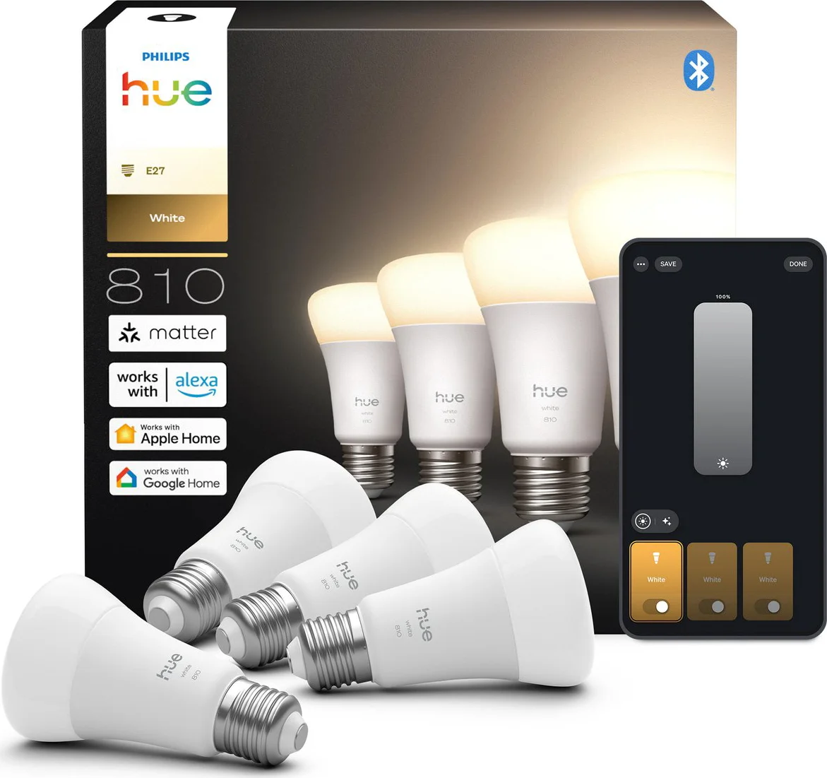 Philips Hue A60 White E27 810lm 4-pack
