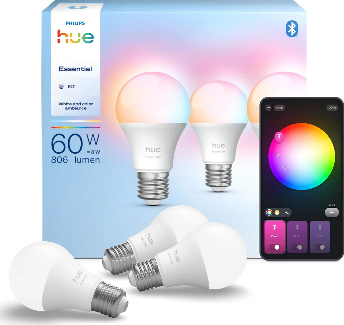 Philips Hue Essential A60 White and Color E27 3-pack