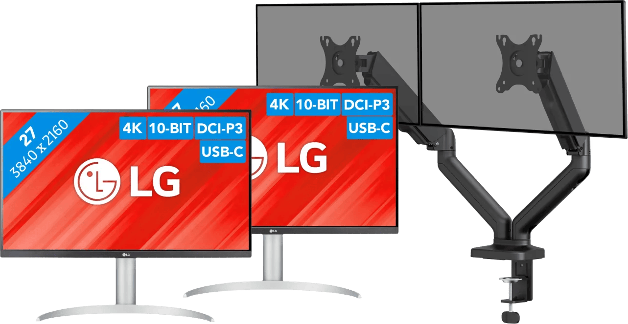 LG 27UP850K-W.AEU Duo Pack + BlueBuilt Monitorarm Mechanische Veer voor 2 Monitoren