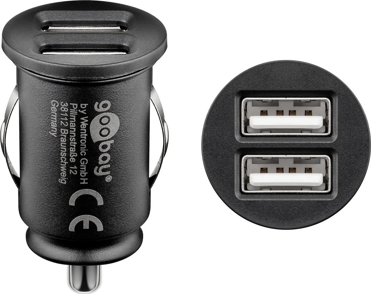 Goobay dubbele USB autolader 24 W met maximaal 4,8 A, 12/24 V, laadt 2 apparaten tegelijk via de sigarettenaansteker, met beveiligingselektronica