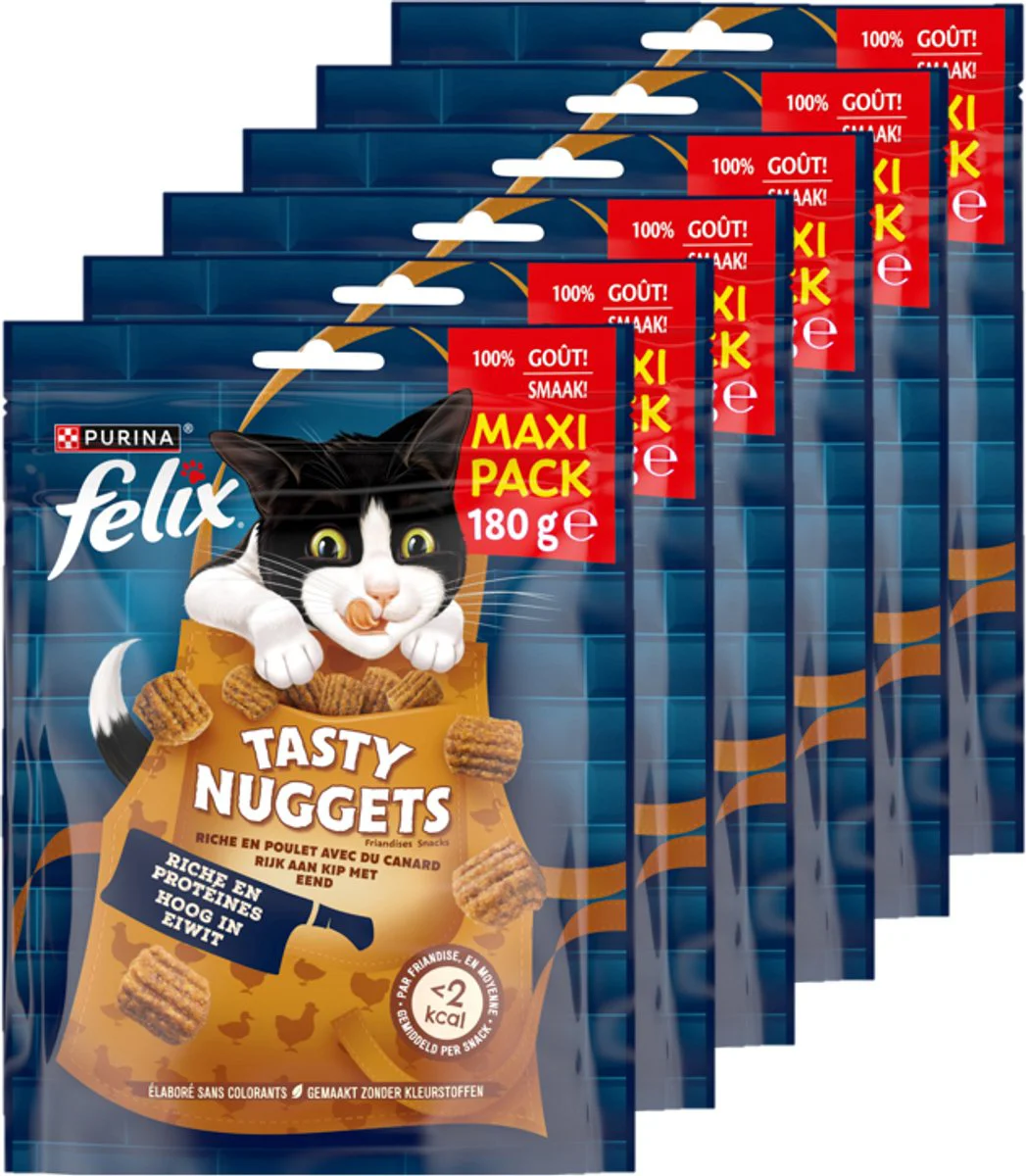 6x Felix Kattensnack Tasty Nuggets Kip & Eend 180 gr