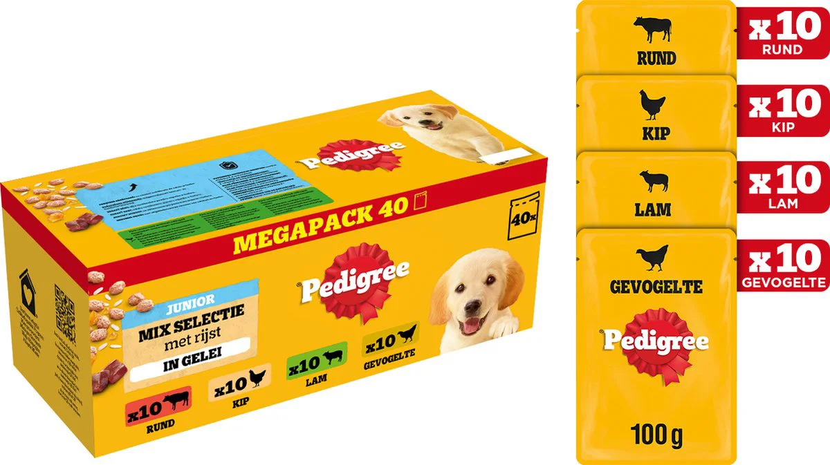 Pedigree Junior Hondenvoer in Gelei Mix Selectie Maaltijdzakjes Multipack 40x100 gr