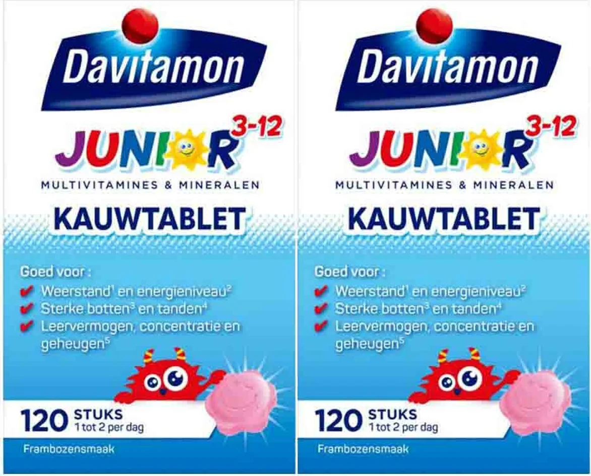 2x Davitamon Junior 3+ Kauwvitamines Framboos 120 kauwtabletten