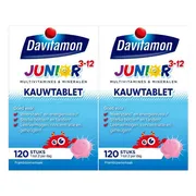 2x Davitamon Junior 3+ Kauwvitamines Framboos 120 kauwtabletten