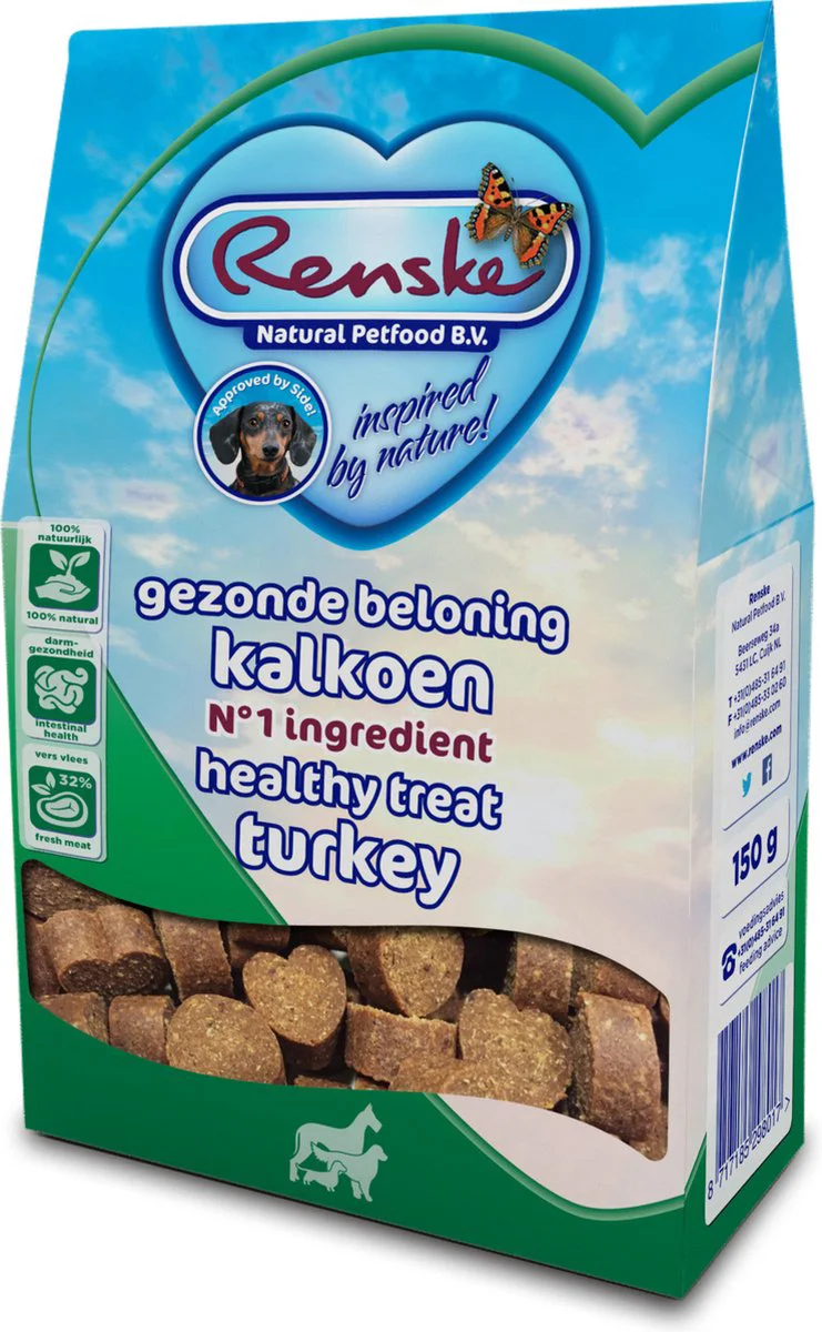 Renske Gezonde Beloning Hartjes Hondensnack Kalkoen 150 gr