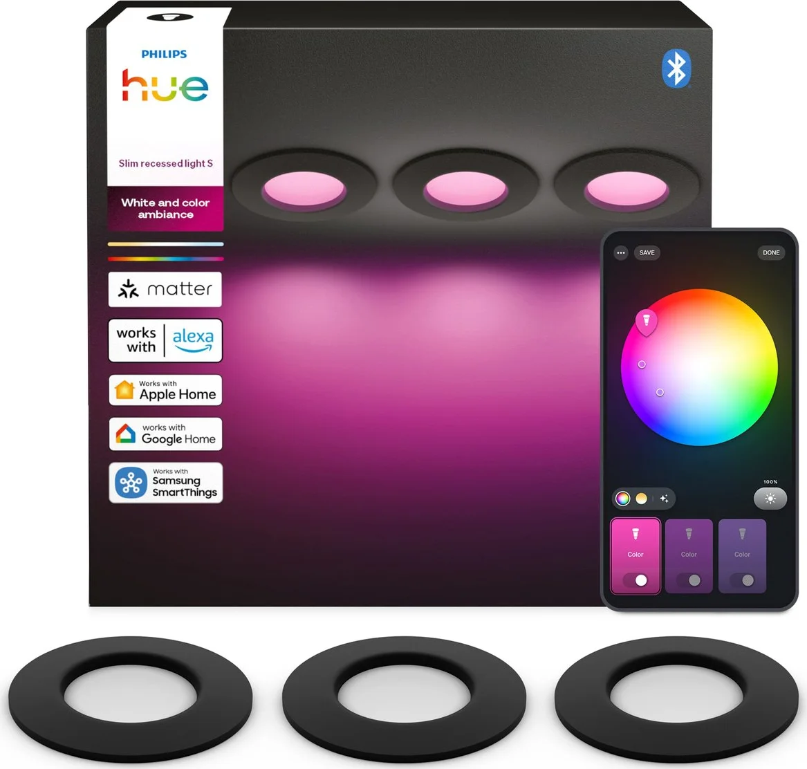 Philips Hue Inbouwspot Slim 3-Pack - White and Color - 90mm - Zwart