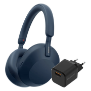 Sony WH-1000XM5 Blauw + BlueBuilt Quick Charge Oplader met Usb A Poort 18W Zwart