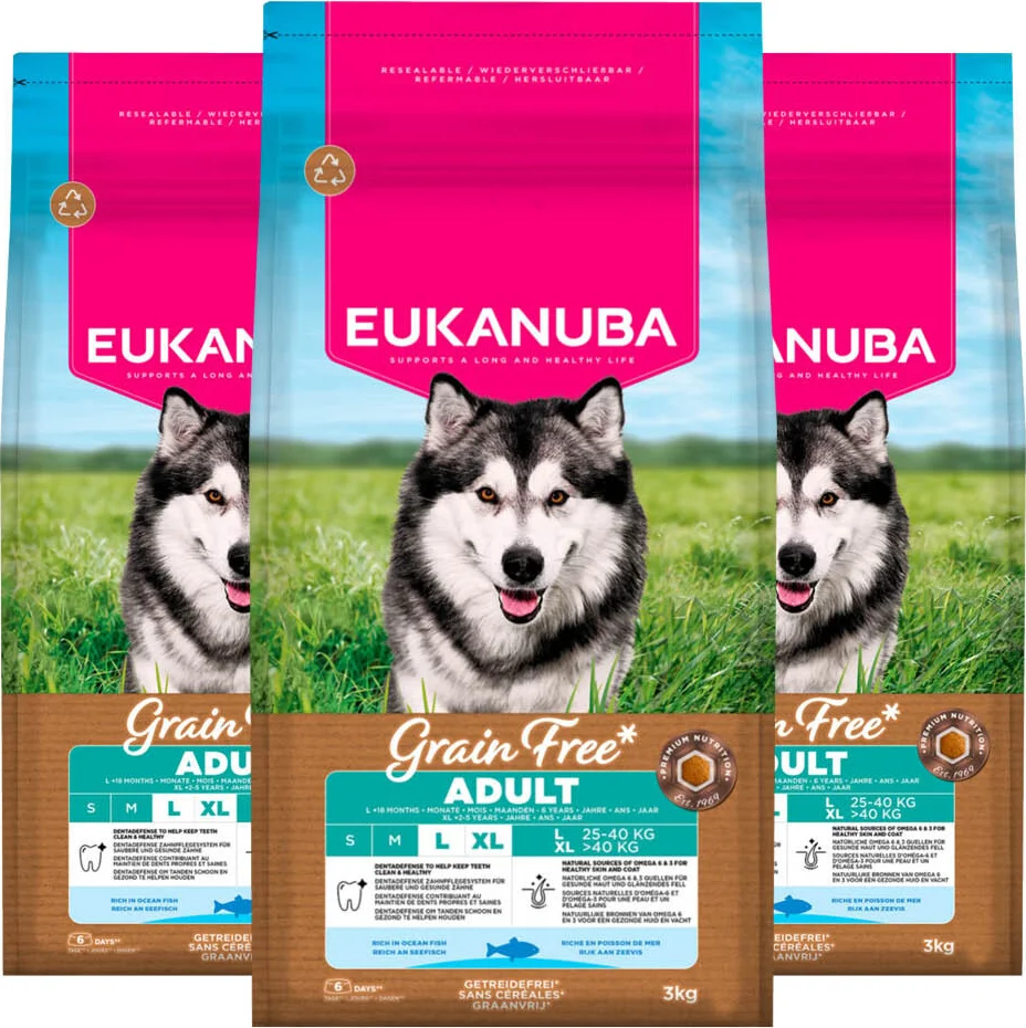 3x Eukanuba Hondenvoer Droog Grain Free Adult Large Oceaanvis 3 kg