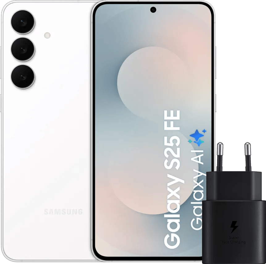 Samsung Galaxy S25 FE 128GB Wit 5G + Samsung Oplader 25 Watt Zwart