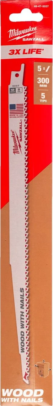 Milwaukee Reciprozaagblad hout Thin Kerf 300 mm 5-Tpi VE=5 - 48475037