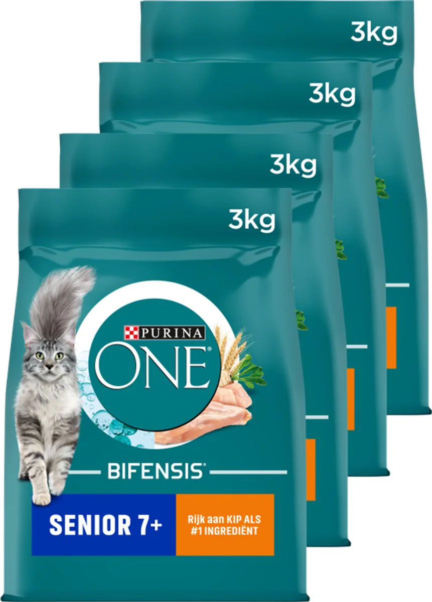 4x Purina ONE Kattenvoer Droog Senior Kip - Volkoren Granen 3 kg