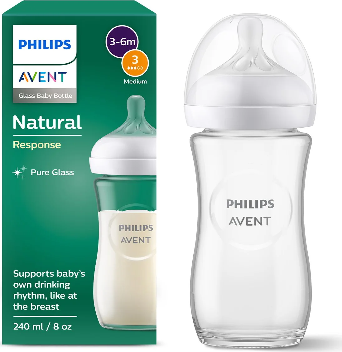 Philips Avent Natural Response Glazen Babyfles 1+ mnd 240 ml