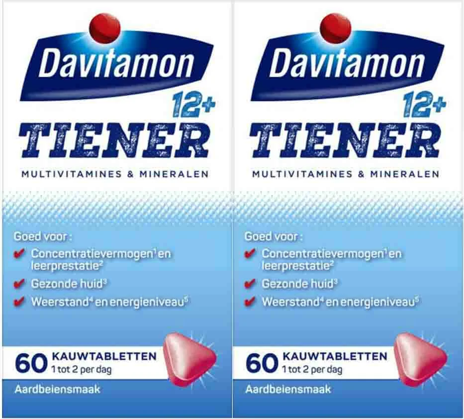 2x Davitamon Tiener 12+ Aardbei 60 kauwtabletten