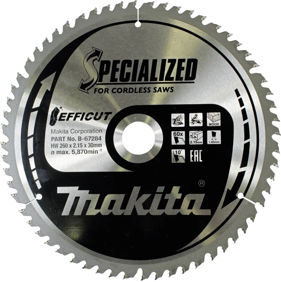 Makita Afkortzaagblad voor Hout | Efficut | Ø 260mm Asgat 30mm 60T - B-67234