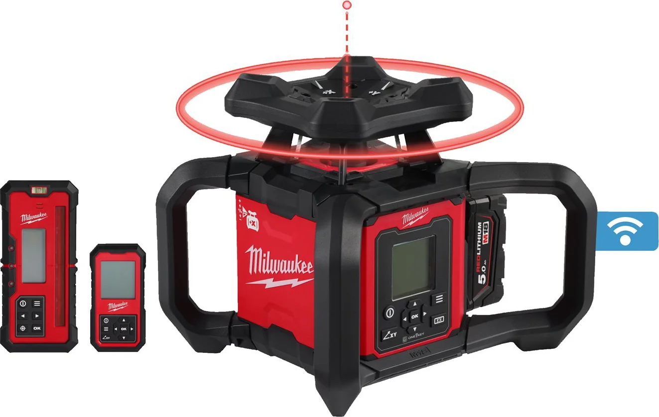Milwaukee M18 RLOHV1200-501C ONE-KEY™ Accu rotatielaser rood + laserontvanger RD1200 - 18V 5.0Ah in koffer - 4933493204