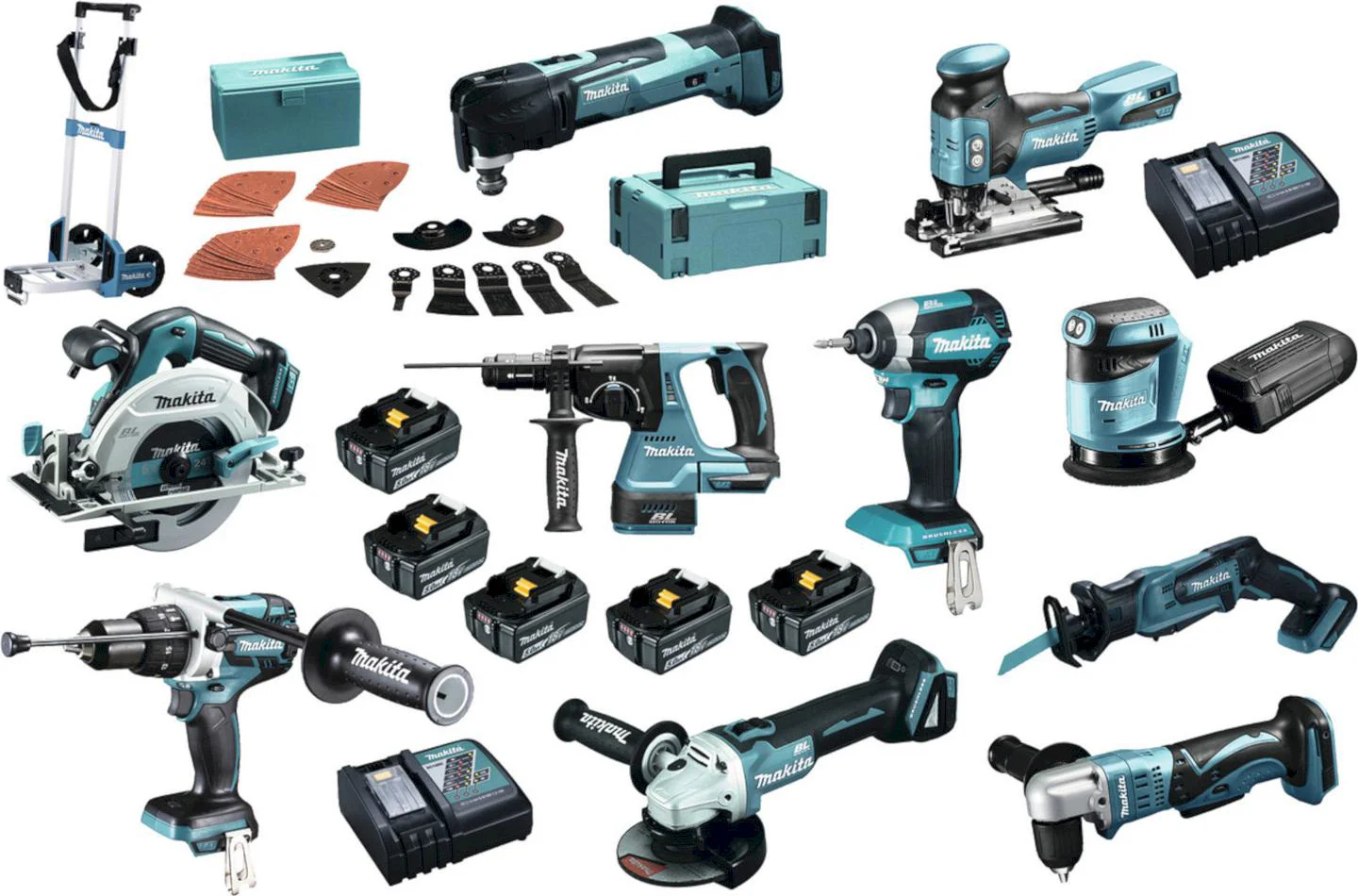Makita DLX1009TJ2 Accu Combiset 10-delig met Trolley 18V 5.0Ah in Mbox