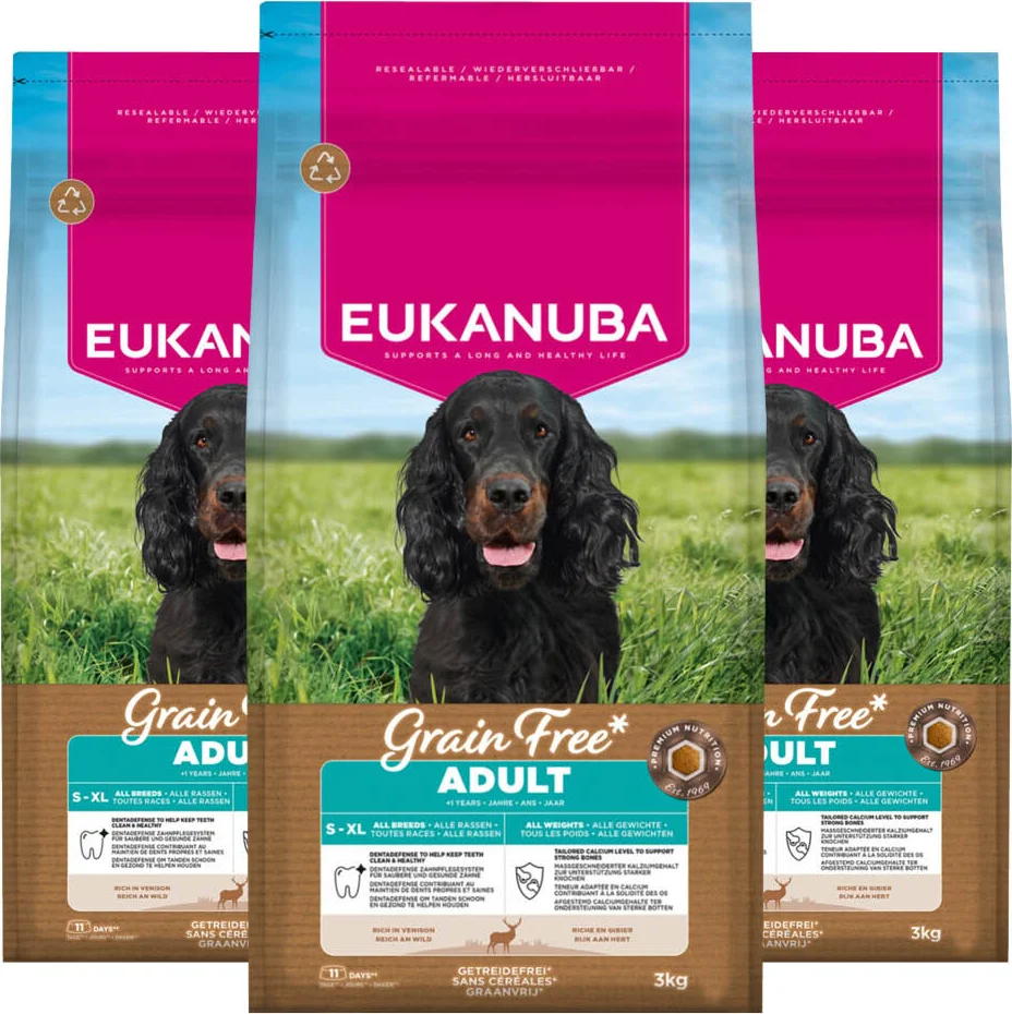 3x Eukanuba Hondenvoer Droog Grain Free Adult All Sizes Hert 3 kg