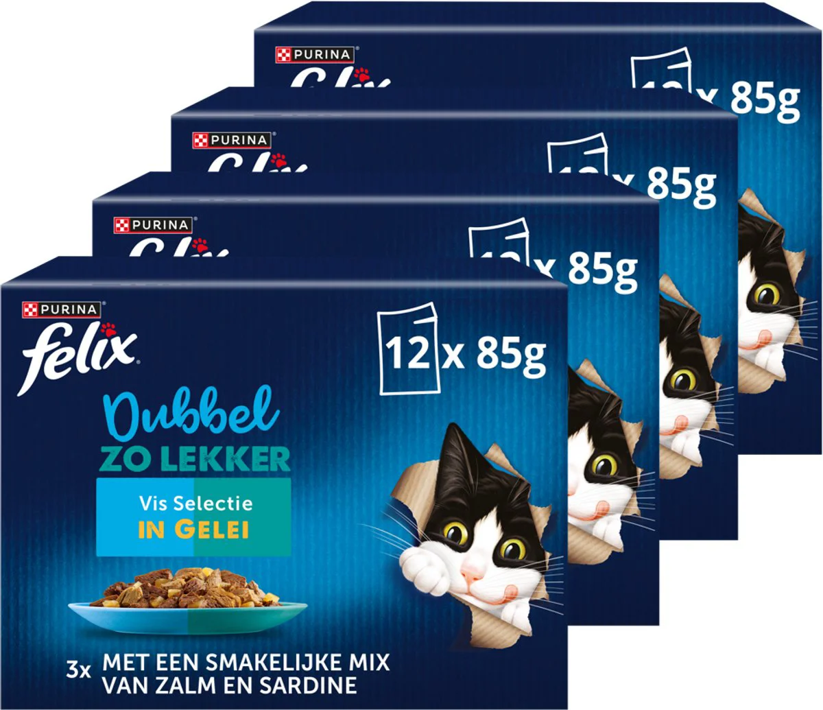 4x Felix Kattenvoer Nat in Gelei Dubbel Zo Lekker Vis 12 x 85 gr