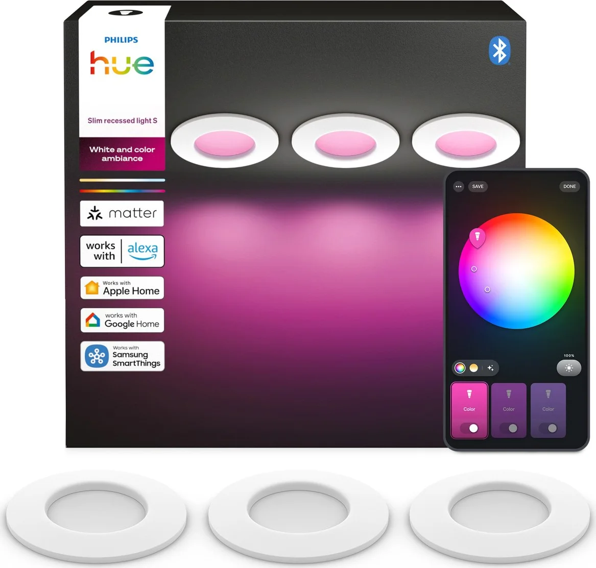 Philips Hue Inbouwspot Slim 3-Pack - White and Color - 90mm - Wit