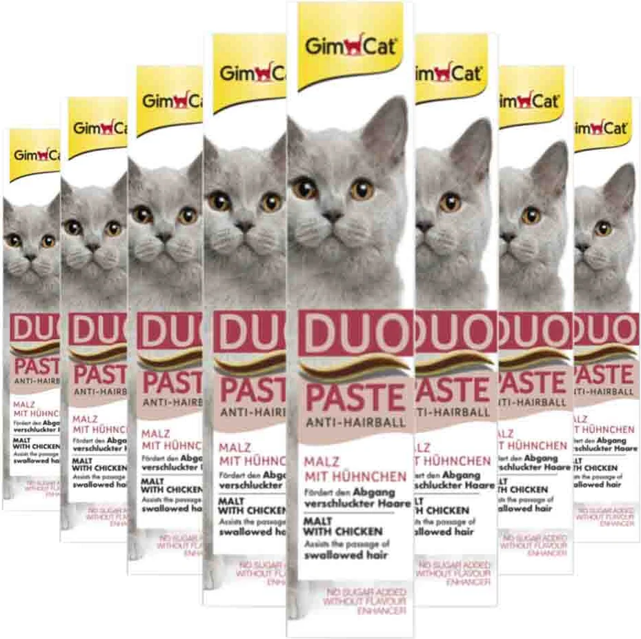 8x GimCat Anti-Hairball Duo-Paste Kip & Mout 50 gr